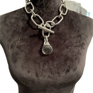 Chunky Silver Tone Handmaid Necklace with Multifaceted Crystal Ball.